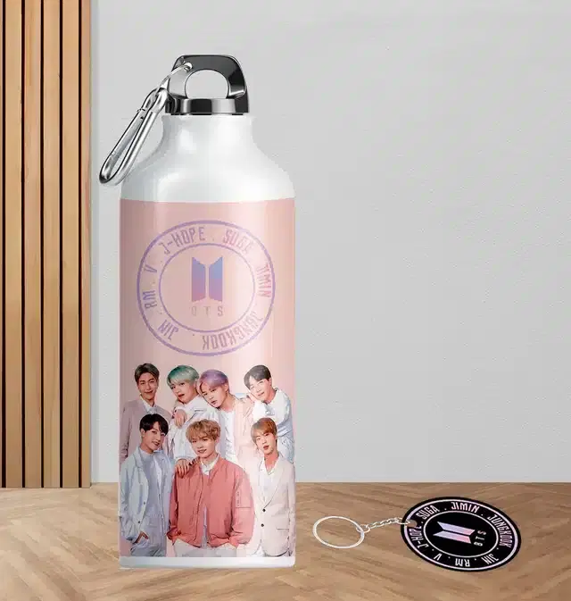 BTS Army Logo Aluminium Printed Sipper Bottle with Keychain, Pack of 2, Multicolor, 750 ml, Gt-116