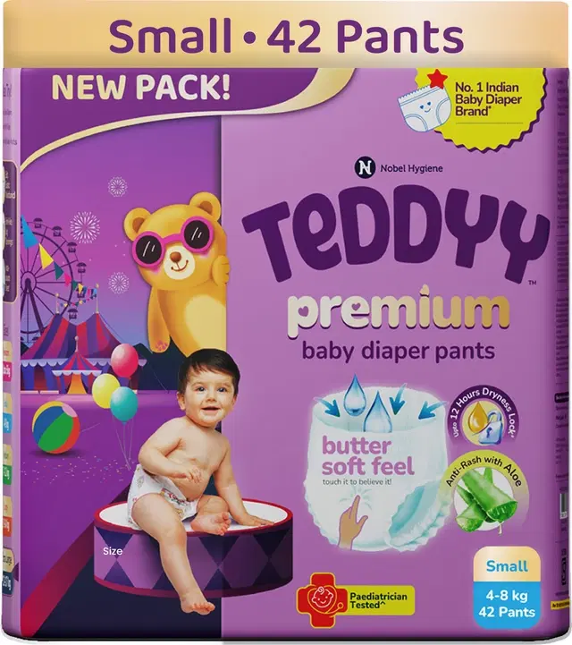 Teddyy Butter Soft Feel Premium Baby Diaper Pants With Aloevera (42 Pieces) (Small)