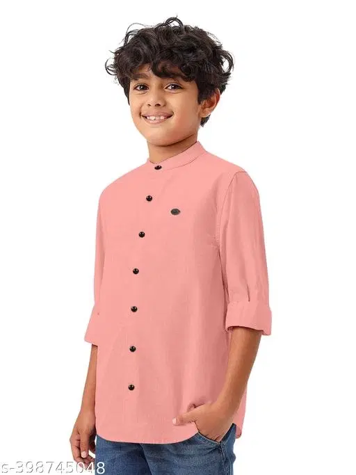 Solid Cotton Blend Mandarin Collar Long Sleeve Shirt for Boys (Orange, 2-3 Years)