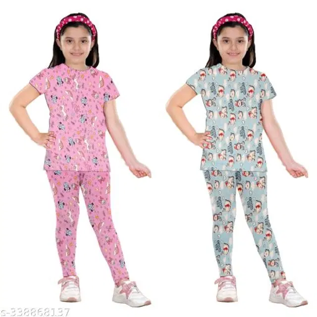Polycotton Nightsuit for Girls, Pack of 2 (Pink & Sky Blue, 1-2 Years)