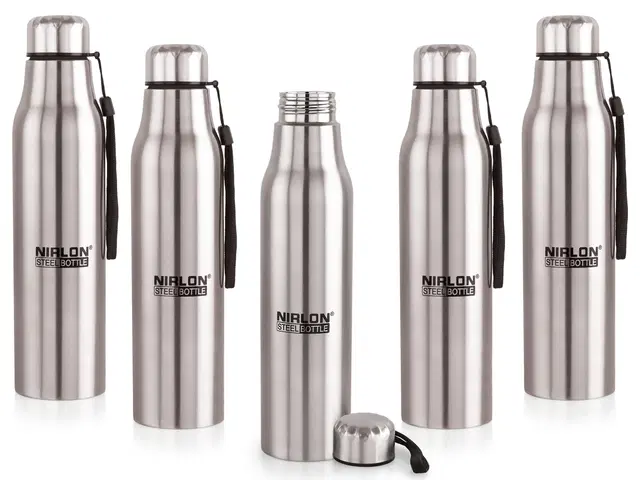 Nirlon Neo Single Wall Stainless Steel Water Bottle 650Ml |100% Leak Proof | Fridge Water Bottle| Office Bottle | Gym Bottle | Home | Kitchen | Hiking | Treking Bottle |Travel Bottle (Silver|Set Of 5)