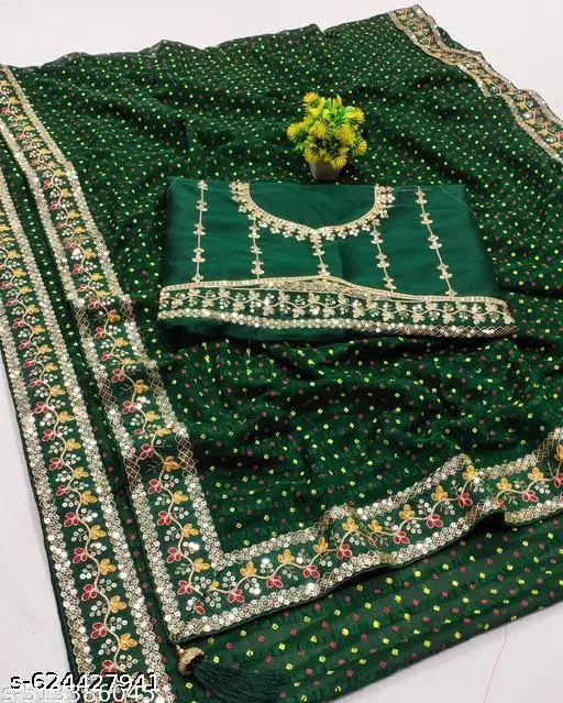 Georgette Embellished Saree For Women, Green