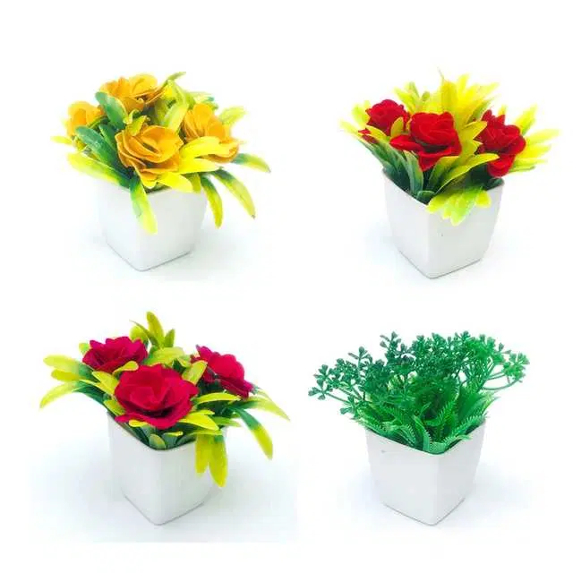 Duli Natural Looking Artificial Flower Plant Pot For Home Decoration, Multicolor, Pack Of 4, D-10