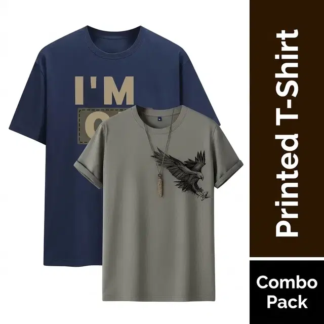 Round Neck Printed T-Shirt for Men, Combo Pack of 2, Grey & Navy Blue, XXL