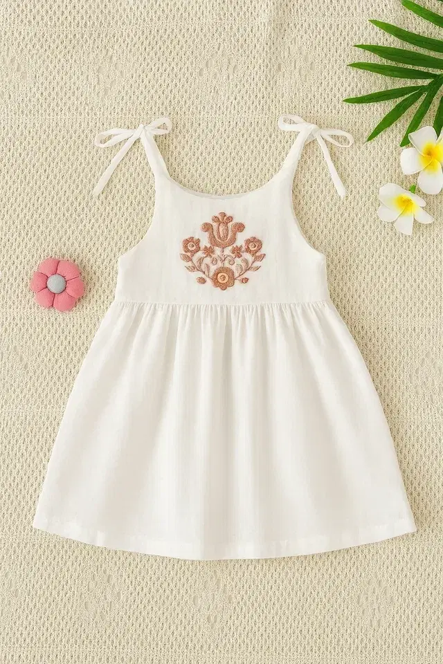 Cotton Embroidered Dresses for Girls, White (6-12 Months)