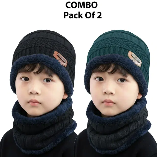 Woolen Solid Cap with Neck Wramer for Kids, Pack of 2, Multicolor
