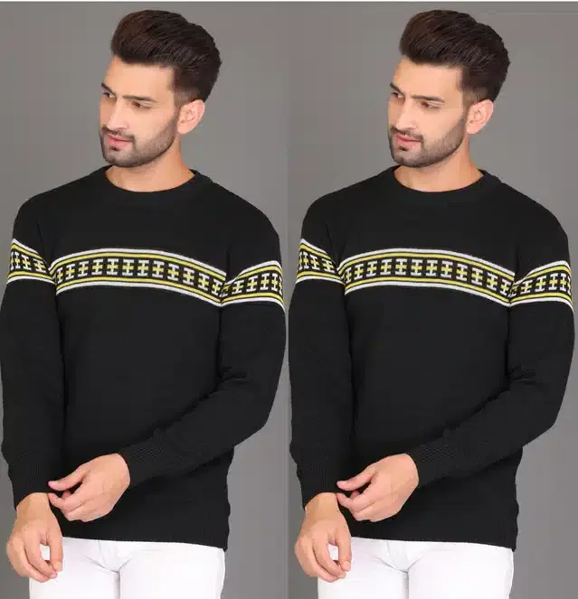 Cotton Jersey Printed Sweater for Men, Pack of 2 (Black, M)