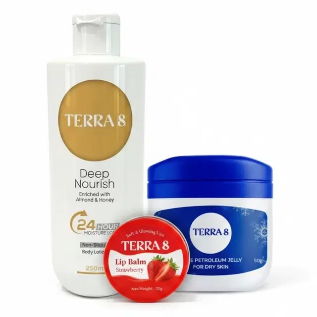 Terra 8 Combo (Body Lotion 250 ml + Petroleum Jelly 50 g + Lip Balm 10 g)