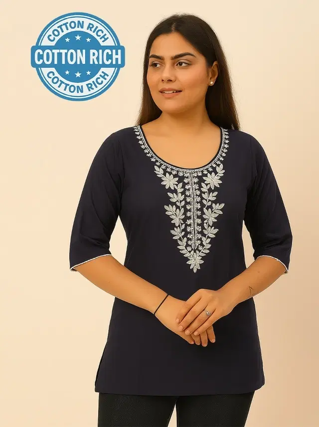 Cotton Embroidered Short Kurti for Women, Navy Blue (XL)
