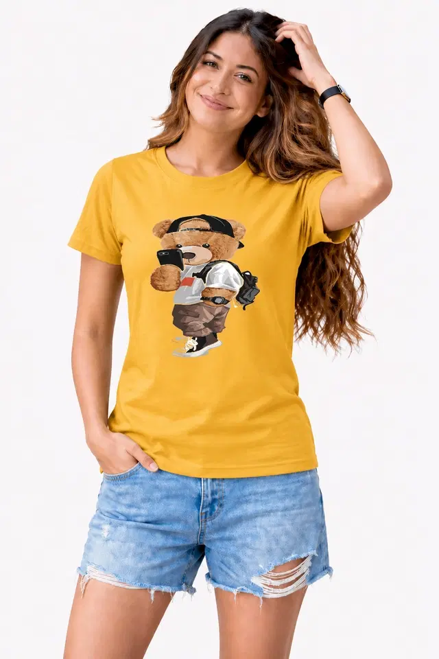 Cotton Blend Casual Tshirts for Women (Mustard, S)
