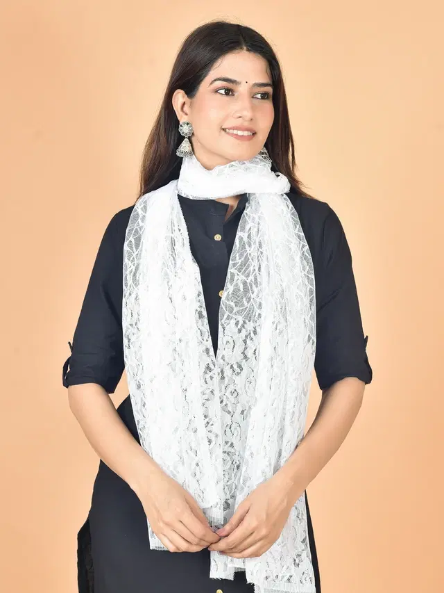 Net Self-Design Dupatta for Women (White, 2.2 m)