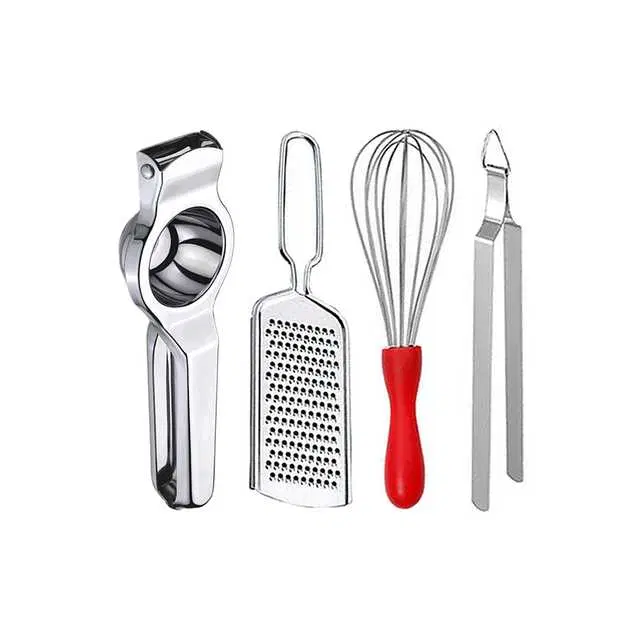 Oc9 Stainless Steel Lemon Squeezer & Cheese Grater & Egg Whisk & Roti Chimta Kitchen Tool Set, O-44
