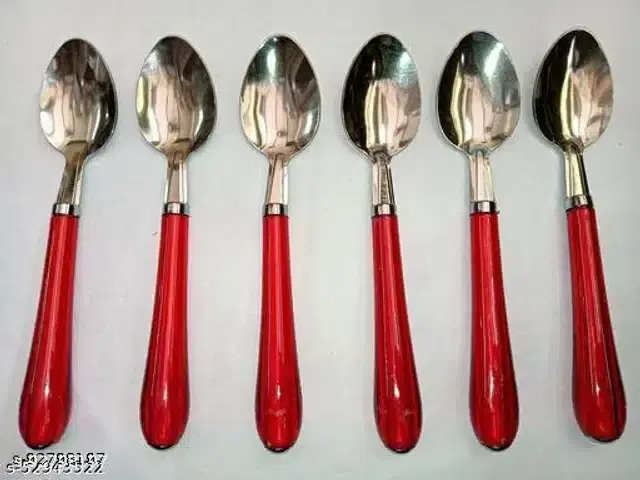 Stainless Steel Spoons, Silver & Red, Pack of 6