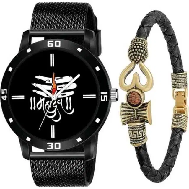 Casual PU Analog Watch With Bracelet Men, Pack Of 2 (Black) (MP-406)