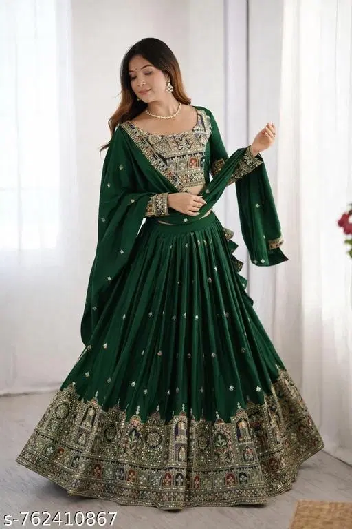 Lehenga Choli for Women (Green, Semi Stitched)