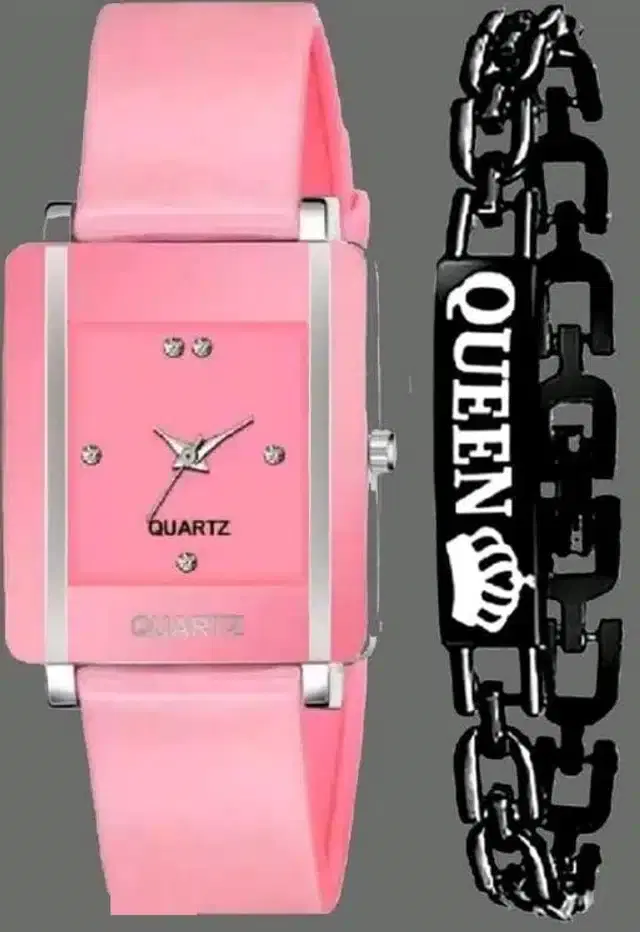 Analog Watch with Queen Bracelet for Women & Girls, Pack of 2 (Pink)