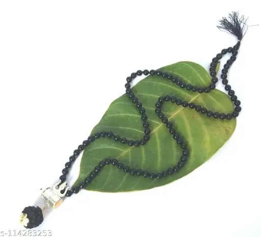 Silver Damru Locket with Black Hakik Mala Chain for Men (Black)