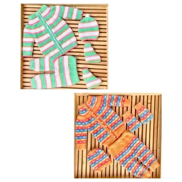 Full Sleeves Sweater with Pant, Cap & Booties, Pack of 2 (Multicolor, 0-6 Month)