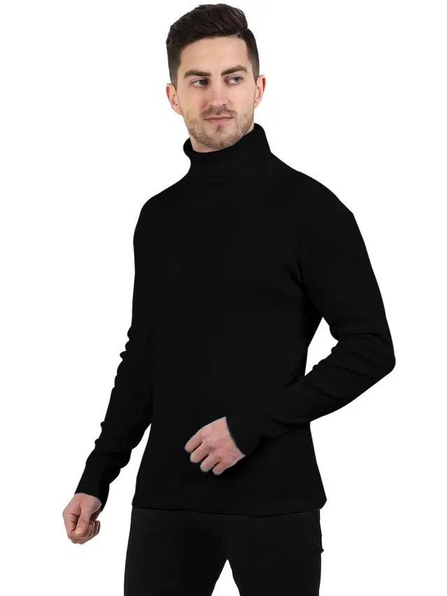 Cotton Blend Solid Hi-Neck Sweater for Men, Black (S)