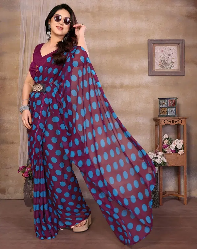 Georgette Saree for Women, Polka Dot (Purple, Free Size)