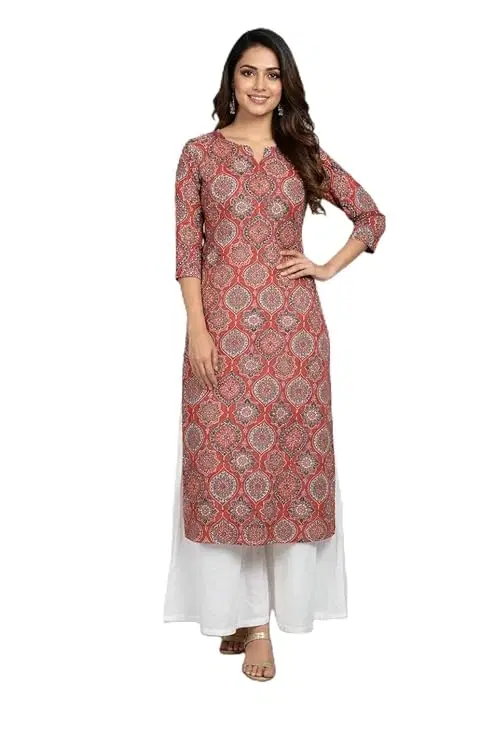 Cotton Blend Floral Kurti & Payjama Set for Women, Maroon (XXL)