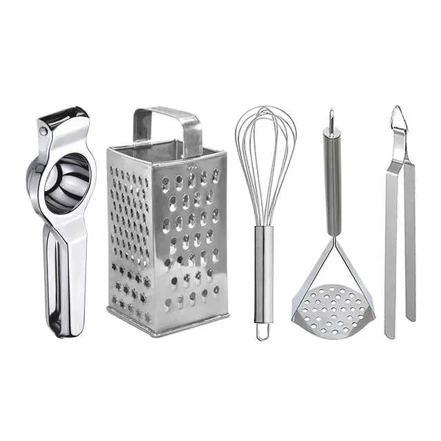 Oc9 Stainless Steel Lemon Squeezer & 4 in 1 Grater Or Slicer & Egg Whisk & Potato Masher & Roti Chimta Kitchen Tool Set, O-148