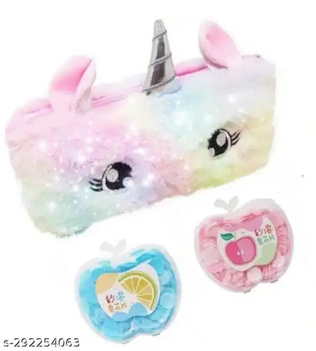Unicorn Fur Pencil Pouch with 2 Pcs Paper Soap, Multicolor, Set of 2