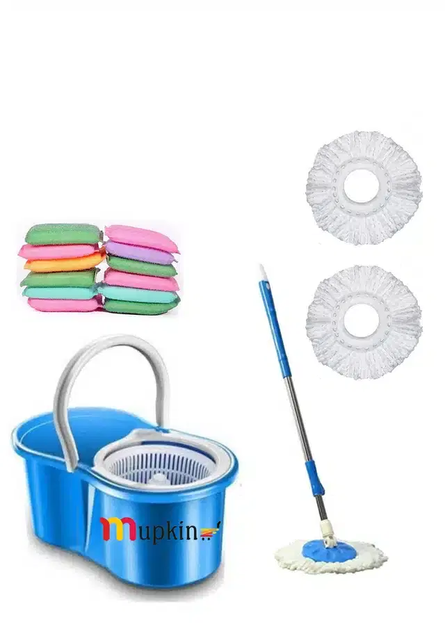 PVC Magic Spin Bucket Mop with 3 Refills & 12 Scrubber Set, Blue, Set of 2