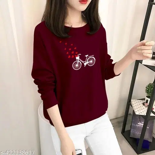 Cotton Blend Printed Sweatshirt for Women (Maroon, XS)
