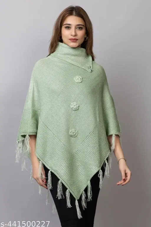 Woolen Poncho for Women (Mint Green, Free Size)