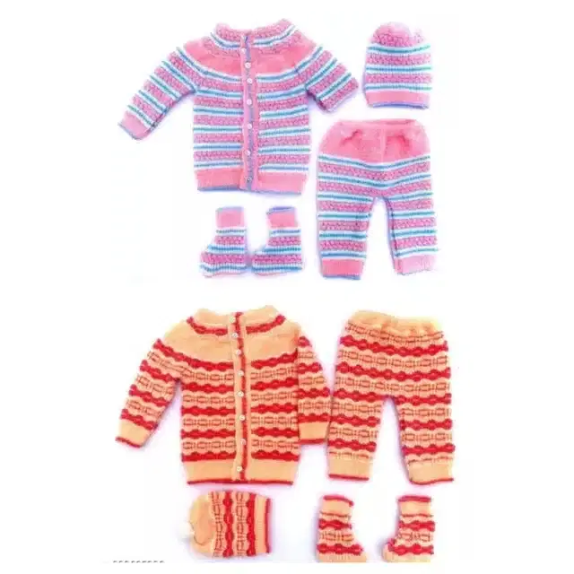 Full Sleeves Sweater with Pant, Cap & Booties, Pack of 2 (Multicolor, 0-6 Month)