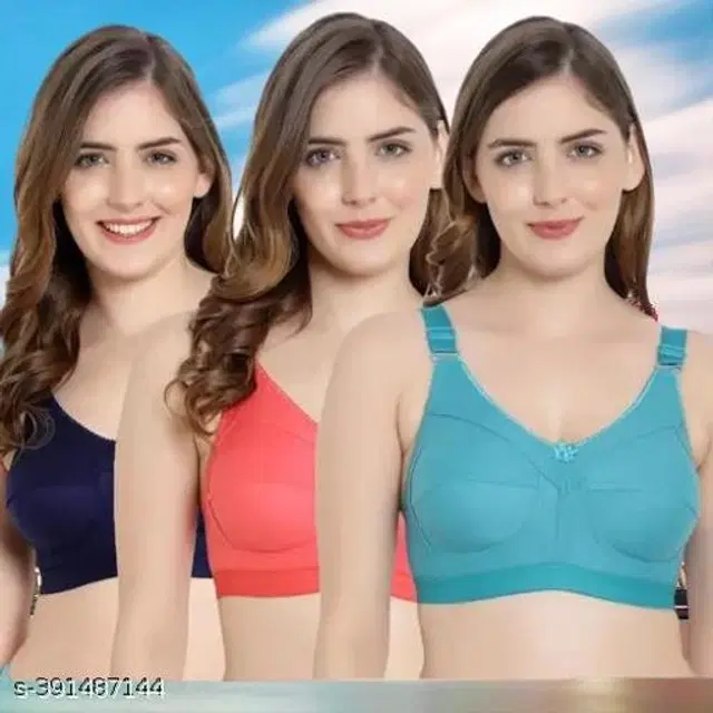 Cotton Blend Solid Non Padded Bra for Women, Pack of 3 (Multicolor, 40C)