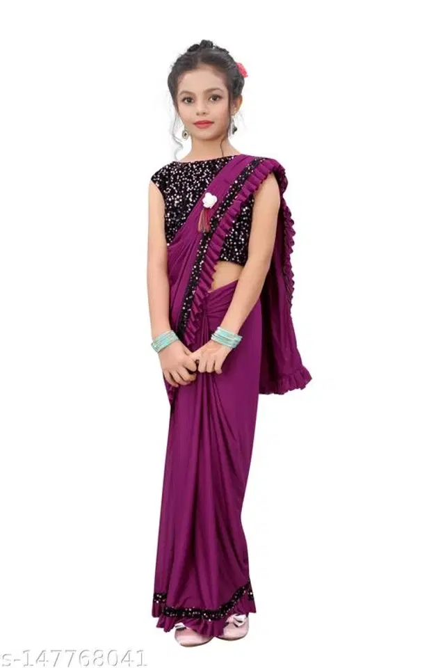Solid Fancy Saree for Girls with Blouse (Wine, 4-5 Years)