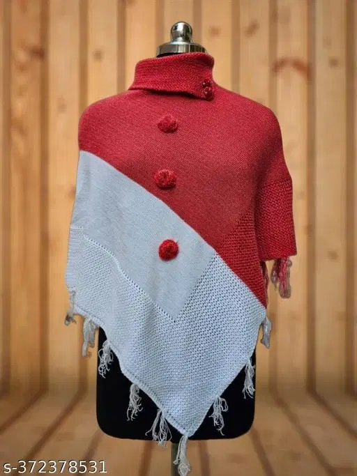 Woolen Poncho for Women (Red & White, Free Size)
