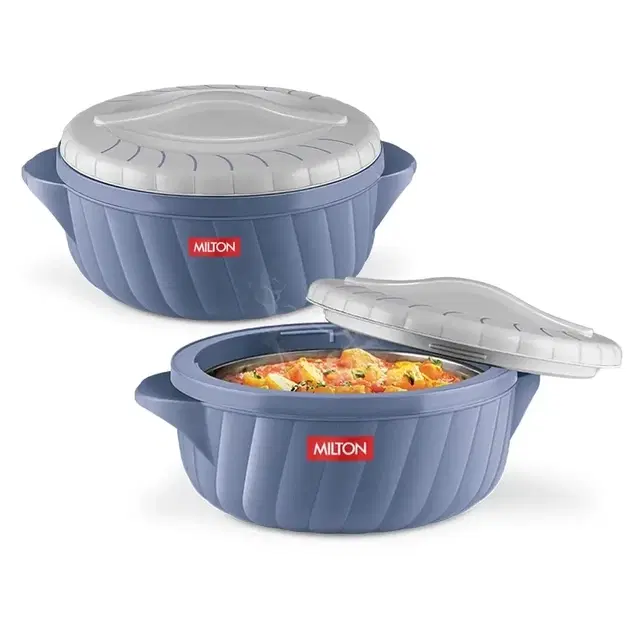 Milton Flora 1000+1500 Insulated Inner Steel Casserole For Roti, Set Of 2(630 ml & 1.05 L) Hot Box For Kitchen, Pot With Lid, Chapati Box, Roti Casserole, Serving Boxes, HotCase, Food Warmer, Stone Blue