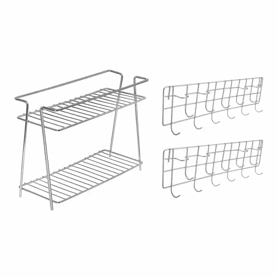 Oc9 Stainless Steel Spice Rack 2 Shelf & Wall Mounted Ladle Hook Rail For Kitchen, Pack Of 2