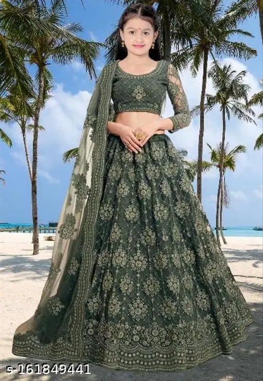 Embroidered Lehenga Choli for Women (Green, 13-14 Years)