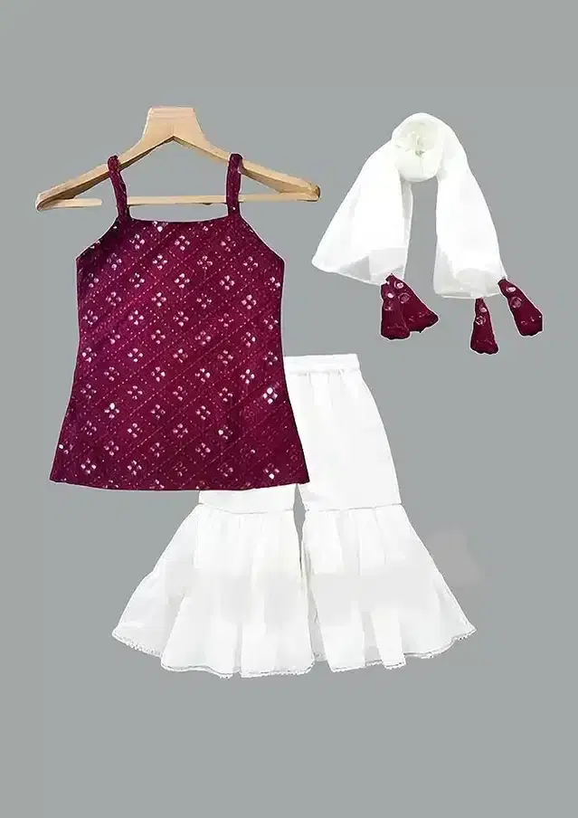 Rayon Embroidered Kurti with Sharara & Dupatta for Girls (Wine & White, 2-3 Years)