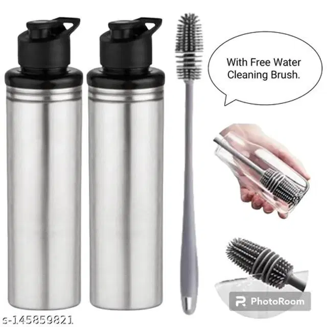 Stainless Steel 2 Pcs Water Bottle, 1000 ml with Cleaning Brush, Silver, Set of 3