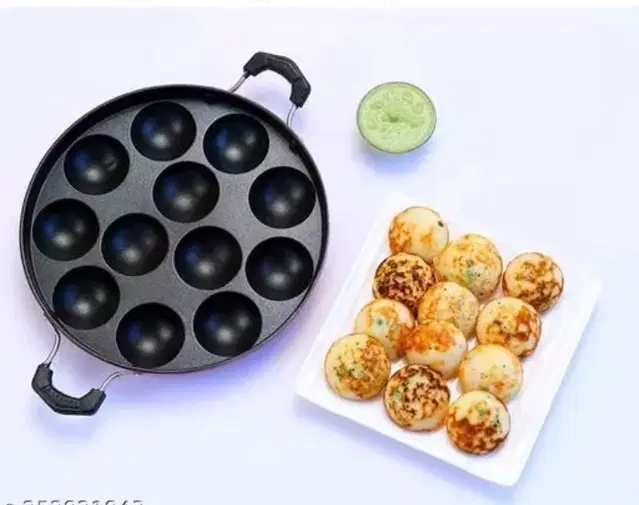 ZODEX 12 Cavities Non Stick Appam Patra with Lid and Side Handle, Multicolor, 21 cm