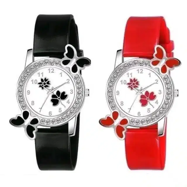 Analog Watch for Women, Pack of 2 (Black & Red)