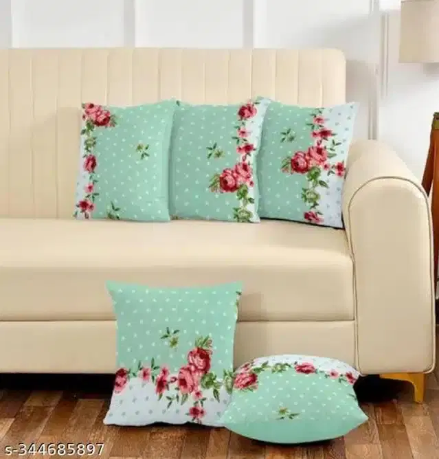 Cotton Cushion Covers, Sea Green & White, 16x16 inches, Pack of 5