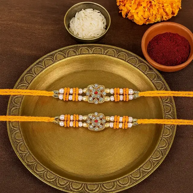 Chandan Akshat Designer Stone Rakhi, Pack of 2