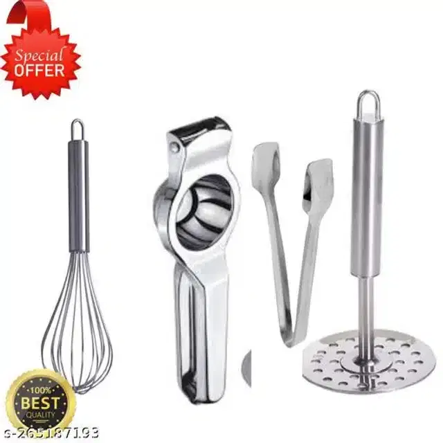 Stainless Steel Whisk with Lemon Squeezer, Cooking Tong & Vegetable Masher, Silver, Set of 4