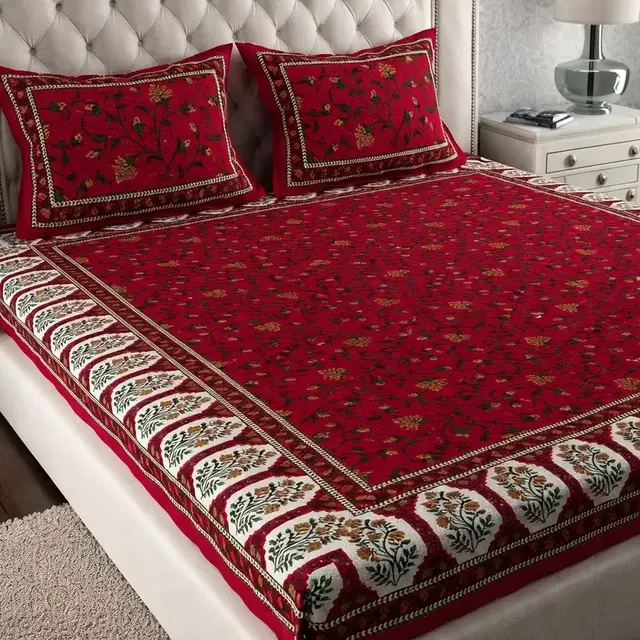 Jaipur Cotton Double Bedsheet Red Floral Print 220x254cm