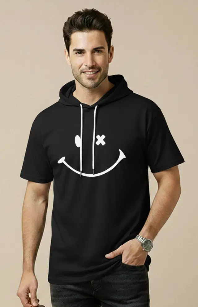 Polyester Printed T-shirt for Men, Black (XL)