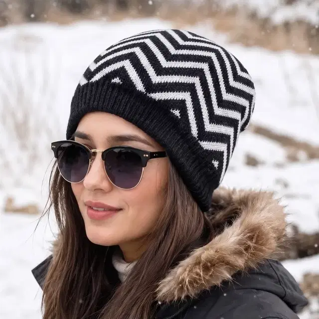 Woolen Cap for Women (Black & White, Free Size)