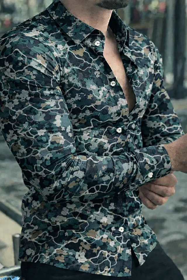 Lycra Geometric Print Shirt for Men, Grey (S)