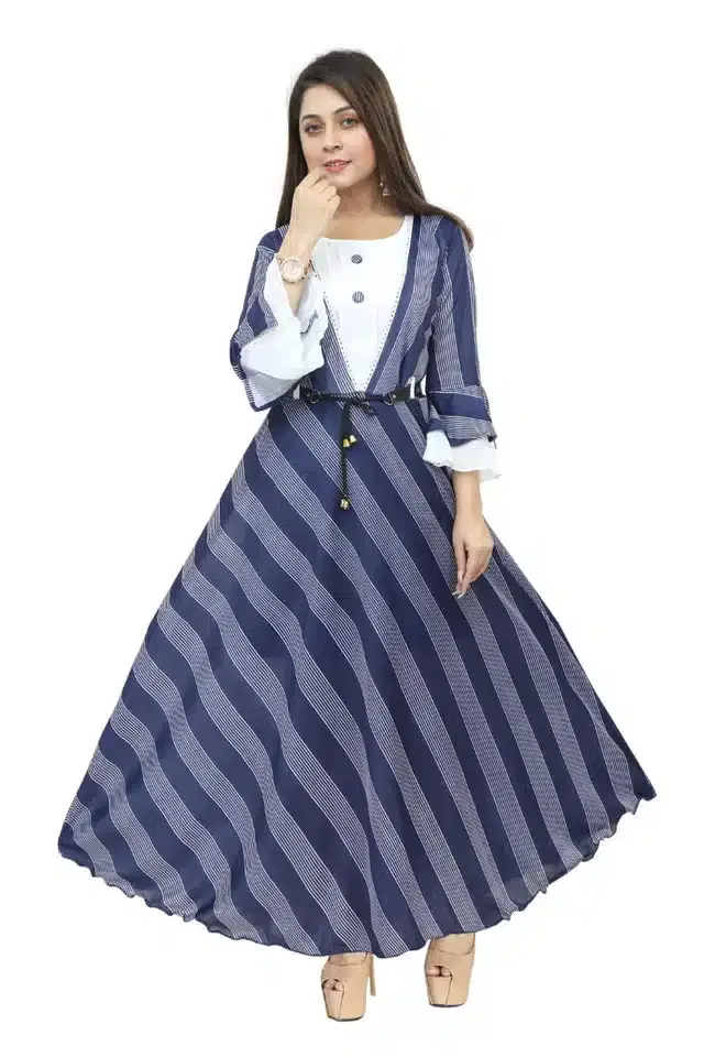 Three Quarter Sleeves Gown for Girls (Blue & White, 3-4 Years)