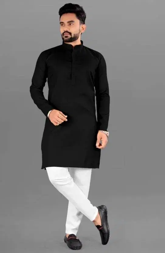 Cotton Blend Solid Kurta with Pyjama Set for Men, Black & White (L)